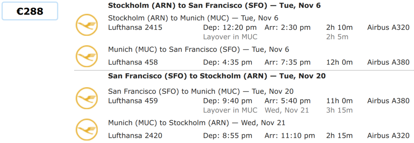 Roundtrip from Stockholm to San Francisco